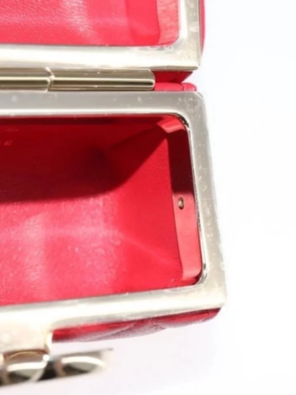 CHANEL Small Box Matelasse Chain Pouch Lamb Skin Red CC Auth 108916AV